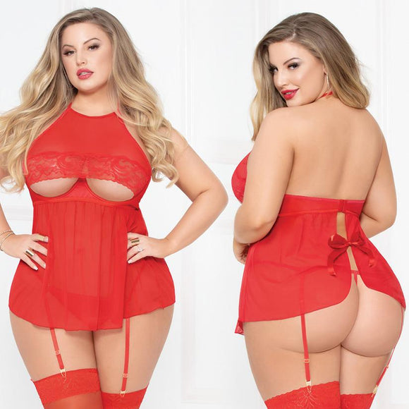 Mesh Babydoll with Thong - Red - Queen Size